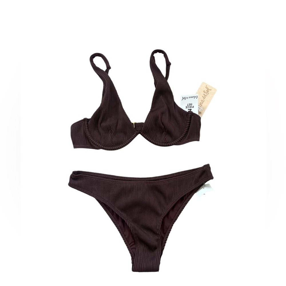 Cabana del Sol Chocolate Brown Ribbed Bikini Set with Gold Hardware